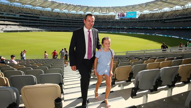 WA Premier Mark McGowan and his daughter at Optus Stadium, Perth. Picture: Getty Images