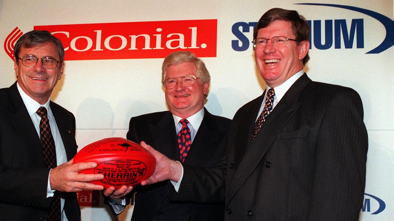 Seven Network chairman Kerry Stokes, Colonial CEO Peter Smedley and AFL CEO Wayne Jackson following the deal to rename Docklands Stadium as Colonial Stadium for its Year 2000 opening. Picture: Colin Murty