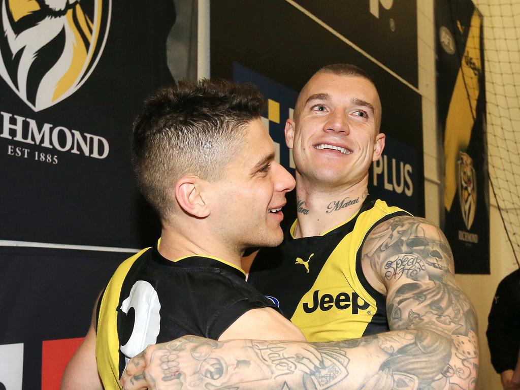 Prestia and Dustin Martin embrace after their qualifying final win in 2017. Picture: Mark Stewart