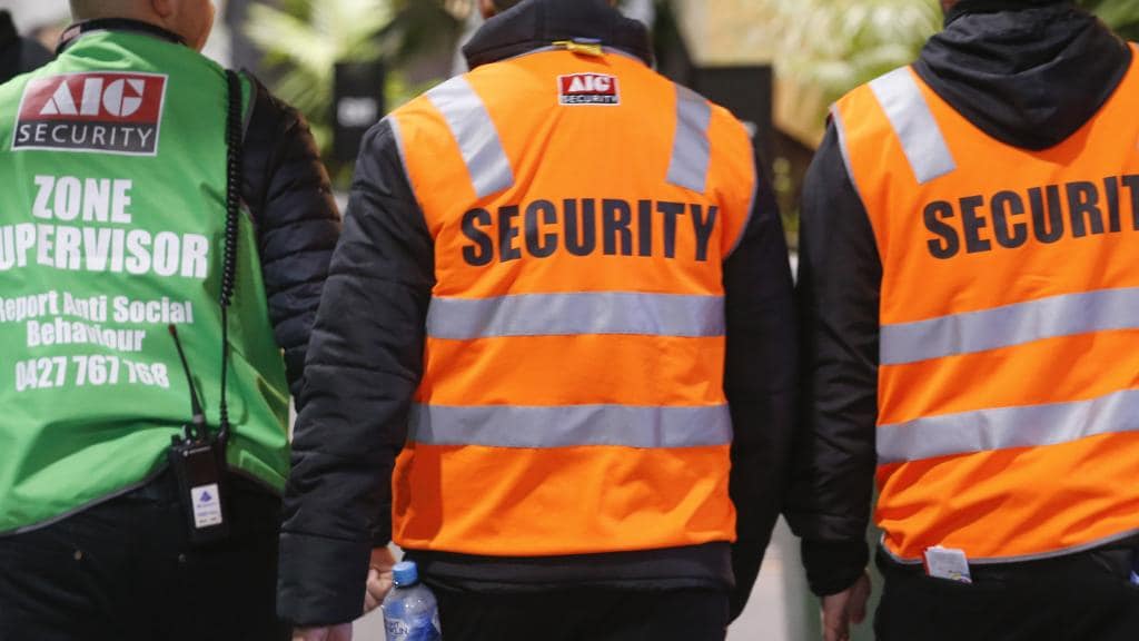 Security officers patrol at the St Kilda v Brisbane Lions clash at Marvel Stadium. Pic: Wayne Taylor