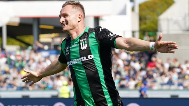 Besart Berisha of Western United FC celebrates a goal in Geelong. Picture: AAP