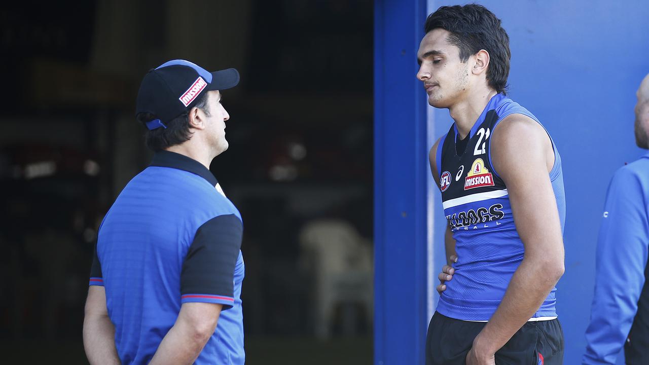 Luke Beveridge talks to Jamarra Ugle-Hagan at training. Picture: Getty Images