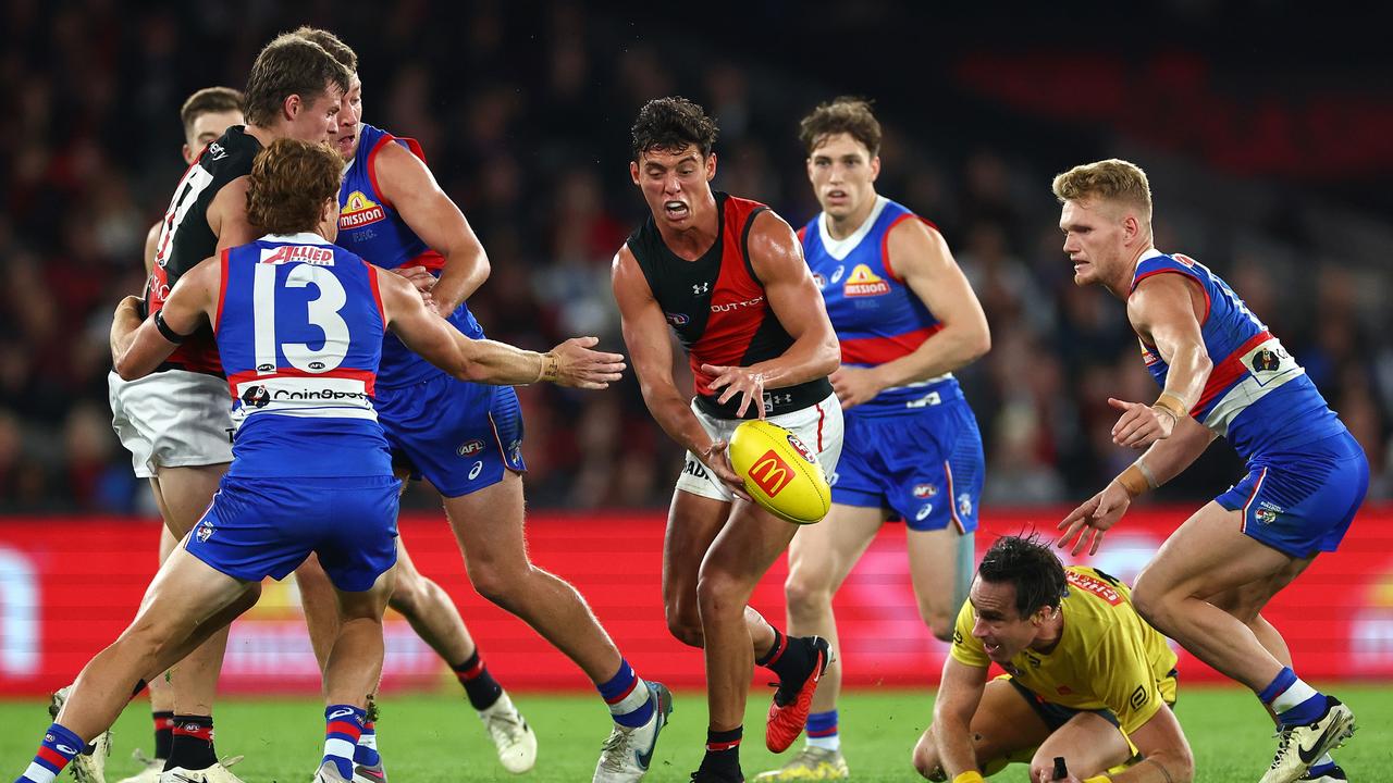 Caldwell claimed the scalp of Tom Liberatore when the Bombers played the Western Bulldogs. Picture: Quinn Rooney/Getty Images