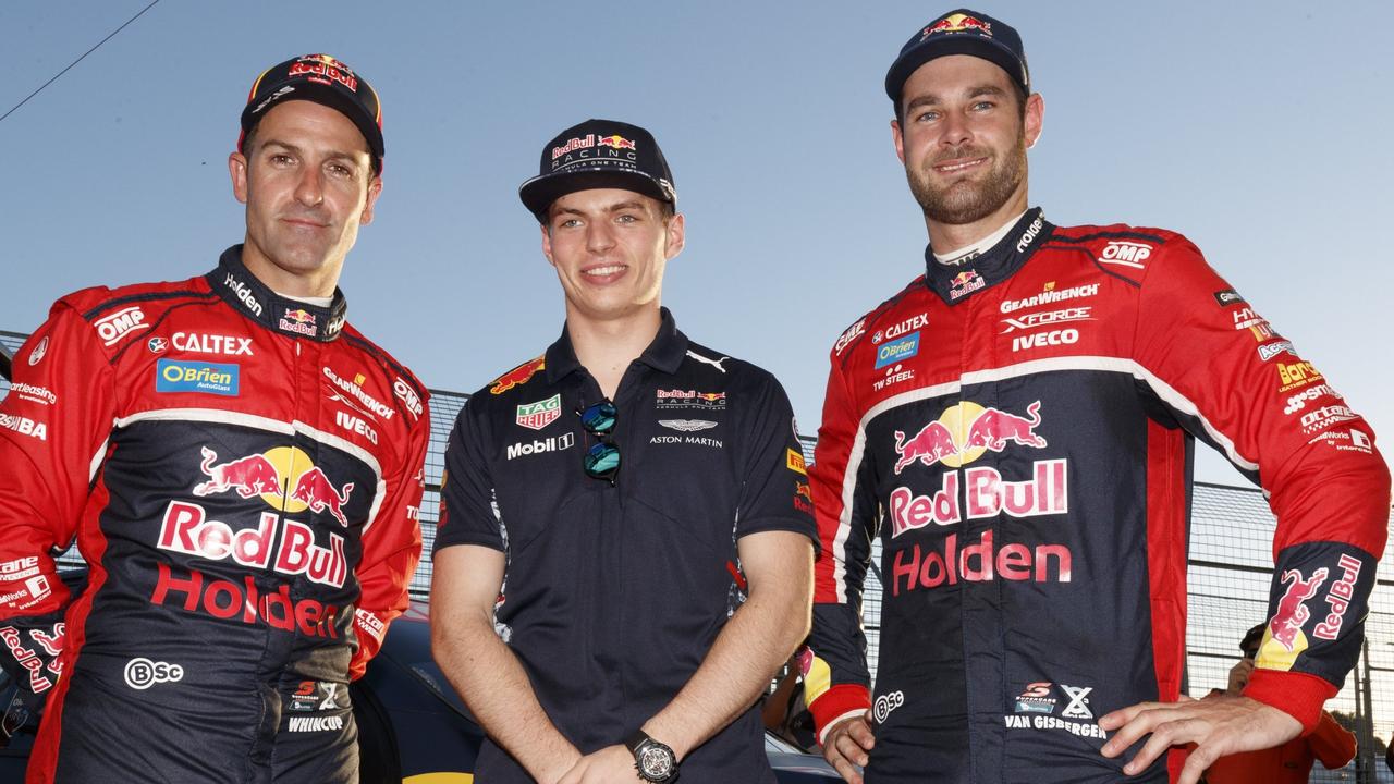 Shane van Gisbergen and Jamie Whincup of Red Bull Holden Racing Team pictured with F1 champion Max Verstappen at the Melbourne F1 Grand Prix in 2017 Picture: Mark Horsburgh