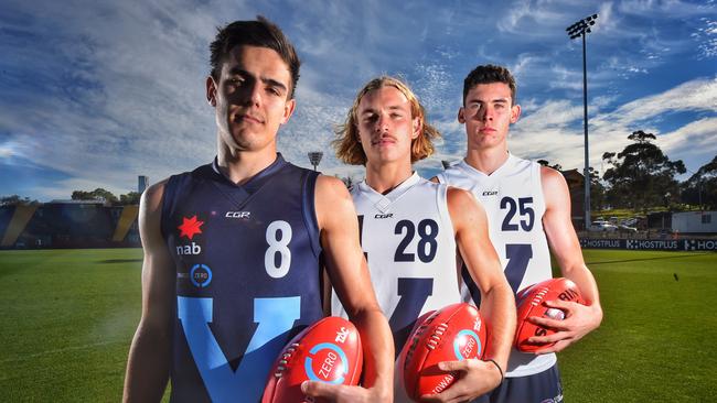 Captains Joel Garner of Vic Metro, as well as James Worpel and Oscar Clavarino of Vic Country. Picture: Tony Gough