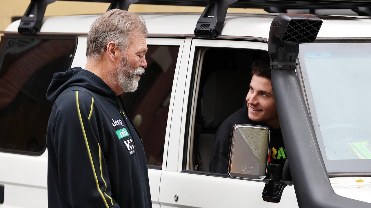 Neil Balme, pictured chatting with [PLAYERCARD]Liam Baker[/PLAYERCARD] in May, has again been linked to the Crows. Picture: Michael Klein