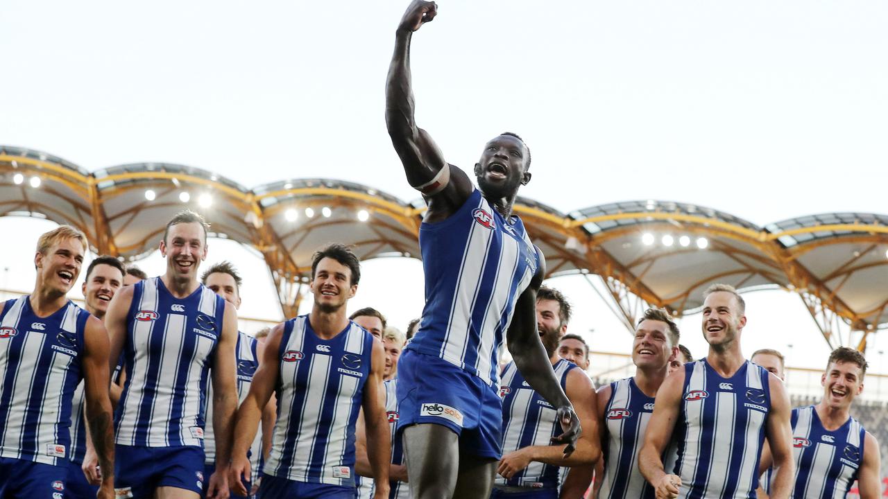 Majak Daw rejoices after making a successful comeback to the footy field in 2020. Picture: Michael Klein