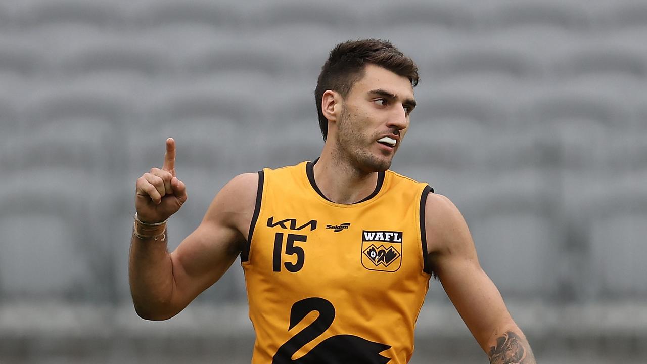 Jake Florenca celebrates a goal for the of the WAFL. Picture: Paul Kane/Getty Images