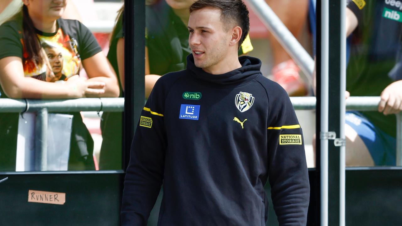 Rhyan Mansell finished the game in a moon boot. Picture: Michael Willson/AFL Photos via Getty Images