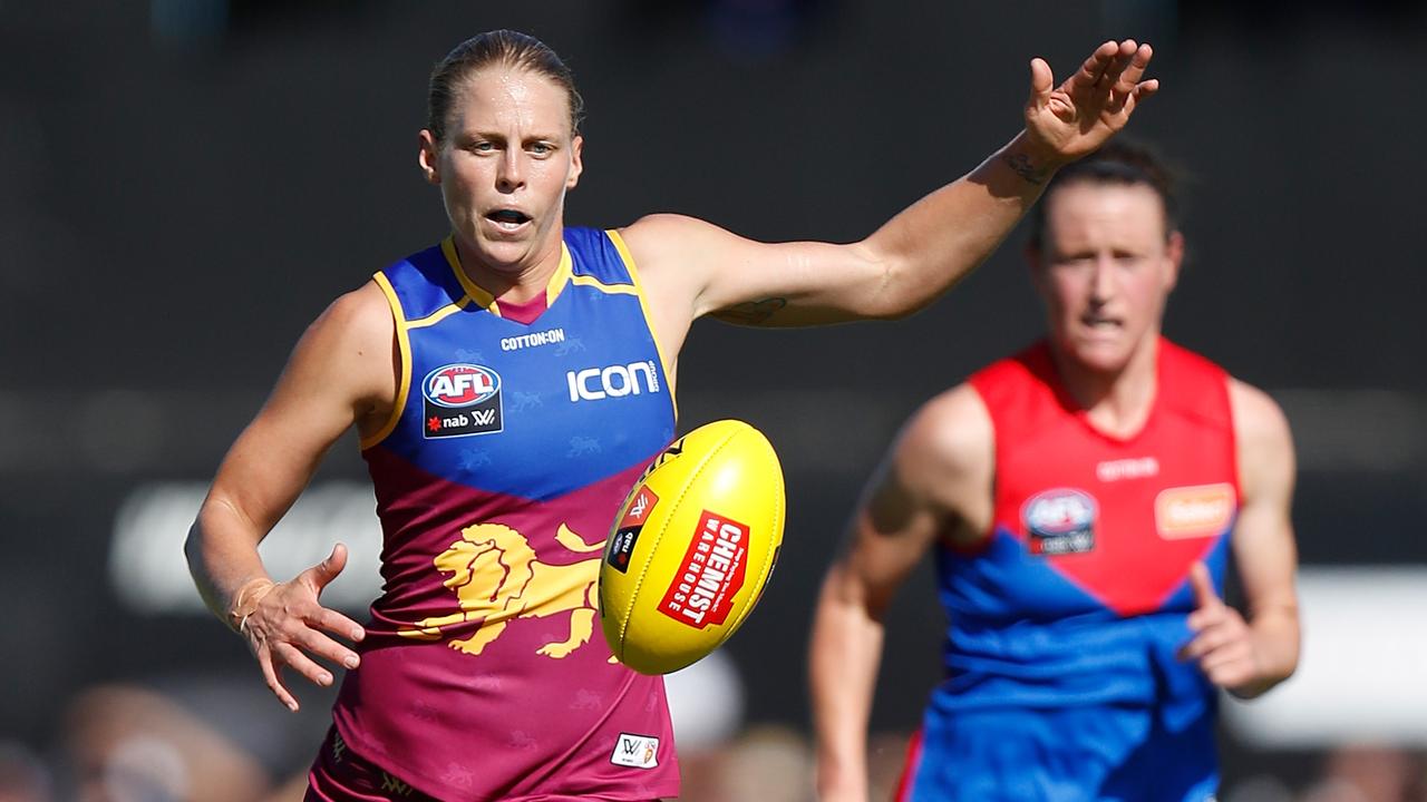 Kate Lutkins provides the rebound off half back for the Lions. Picture: AFL Media