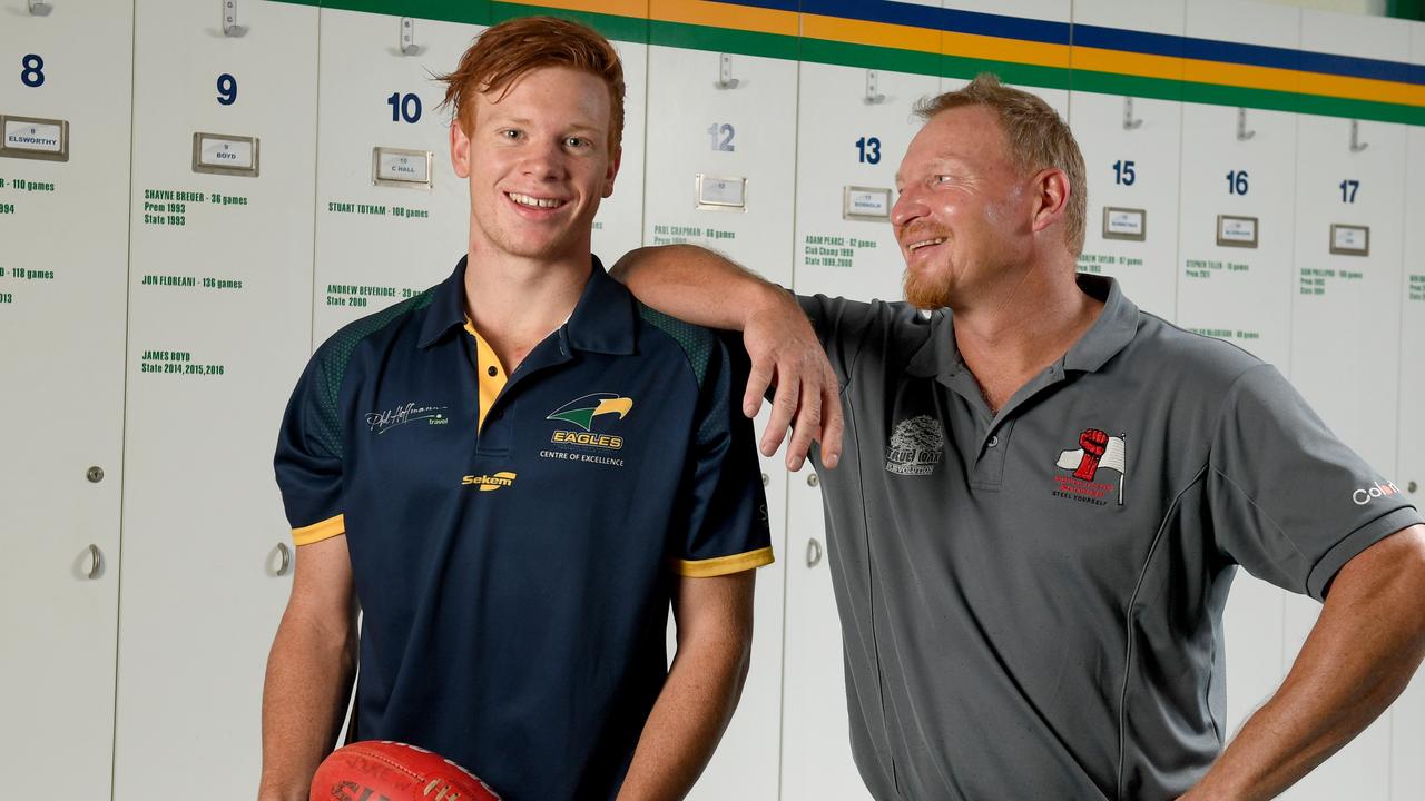 Former Crows player Wayne Weidemann (R) with son Jake before the 2017 AFL draft. Jake will now don the black and white prison bars after signing with Port Adelaide for the 2021 SANFL season. Photo Naomi Jellicoe