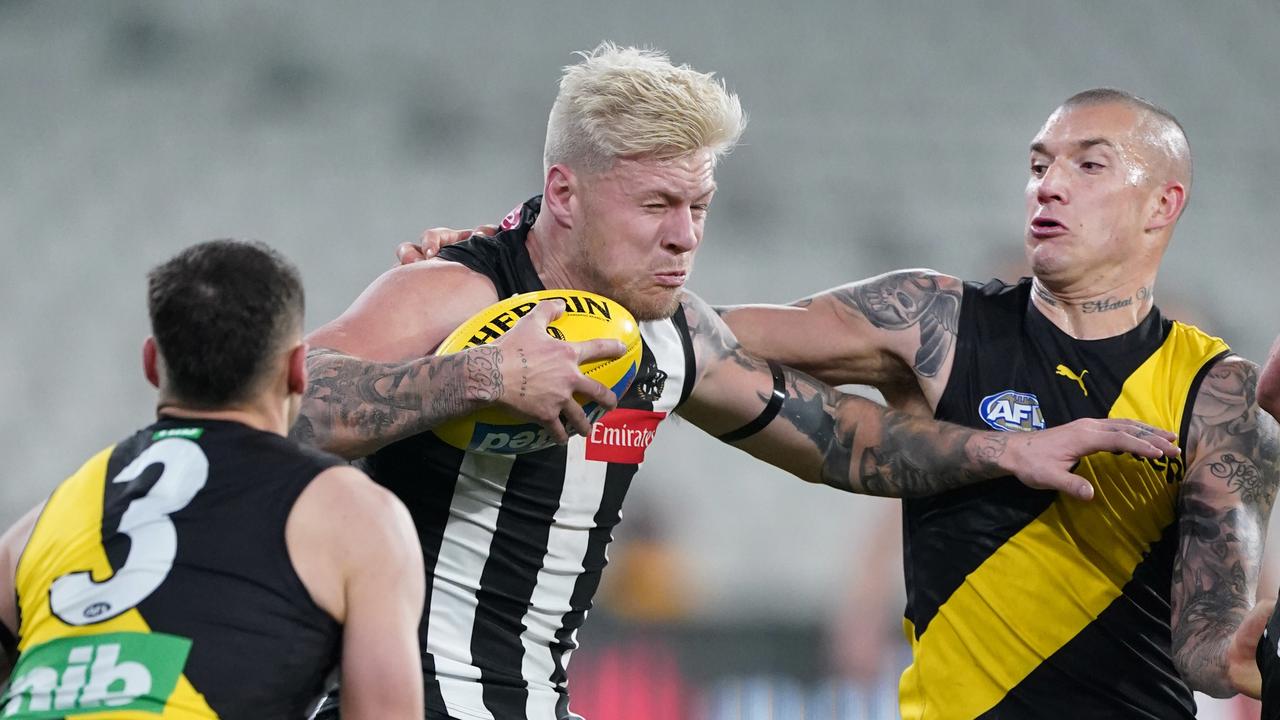 [PLAYERCARD]Jordan De Goey[/PLAYERCARD] clashes with Dustin Martin during the 2020 season but is a long way off reaching the superstar standards set by the Tiger Brownlow Medallist.