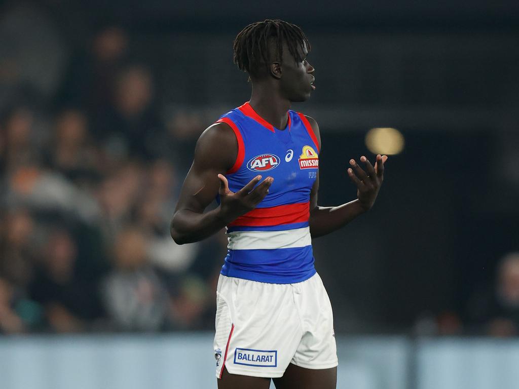 Buku Khamis of the Bulldogs also gave away a 50 metre penalty for umpire dissent. Picture: Michael Willson/AFL Photos via Getty Images