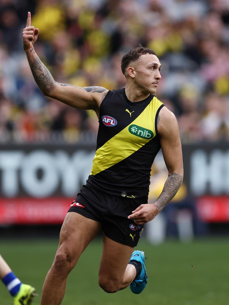 Tigers star [PLAYERCARD]Shai Bolton[/PLAYERCARD] celebrates after kicking a goal against North Melbourne at MCG last season. Picture: Michael Klein