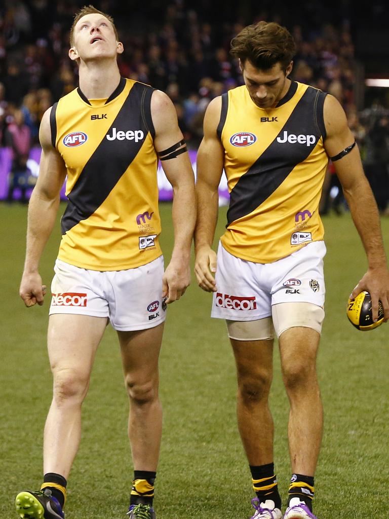 But teammate [PLAYERCARD]Alex Rance[/PLAYERCARD], right, told Riewoldt how relatable he was. Picture: Michael Klein