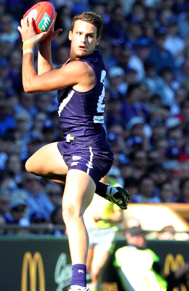 Harley Balic marks for the Dockers against Essendon.