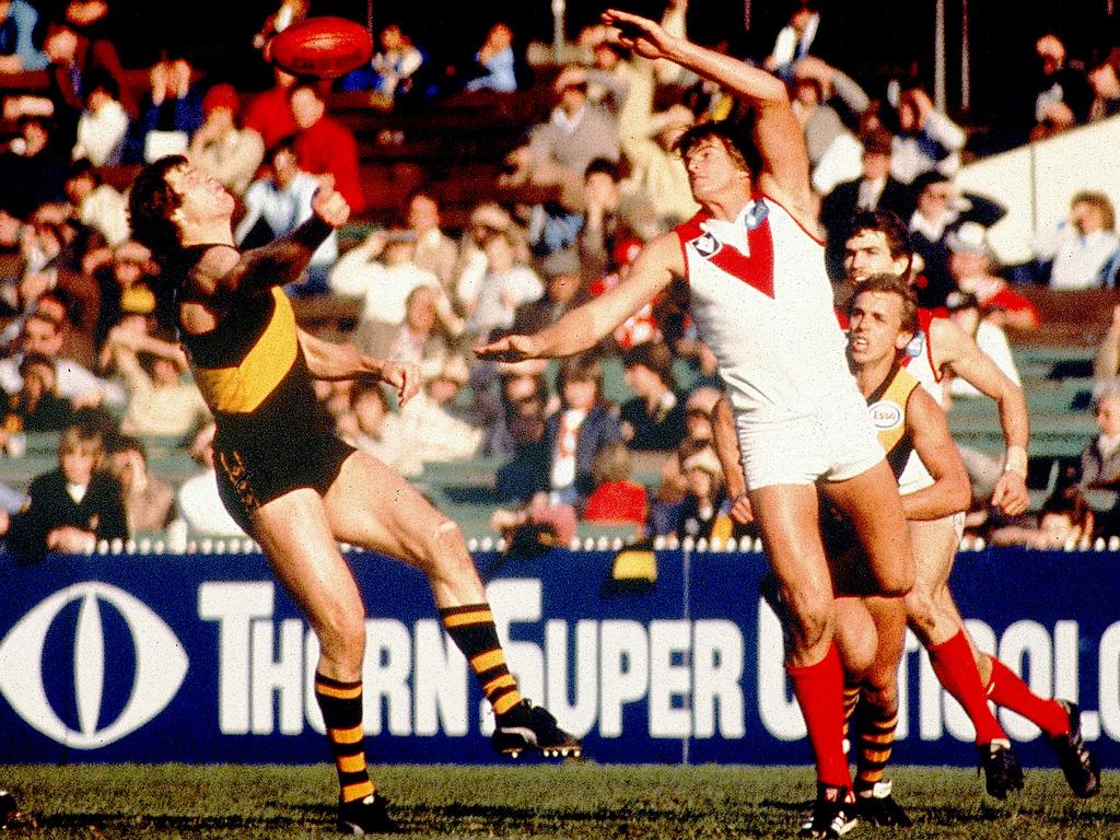 Round contests for the ball against Richmond. Picture: Getty Images