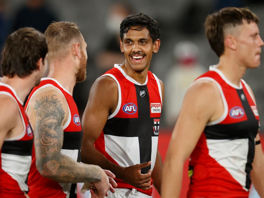 Nasiah Wanganeen-Milera (2R) was living with Wood for much of the past year. Picture: Michael Willson/AFL Photos via Getty Images