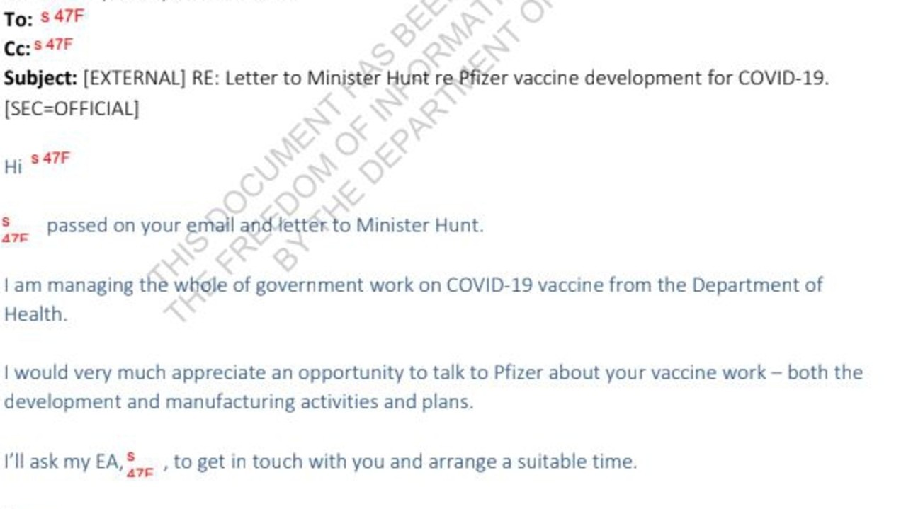 A response from Lisa Schofield, the First Assistant Secretary, agreed to meet with Pfizer, not the Health Minister Greg Hunt as was requested. . Picture: Supplied via NCA NewsWire