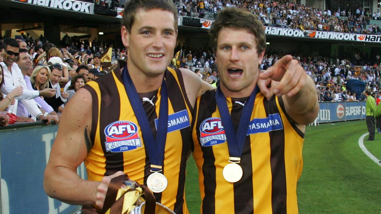 Trent Croad and [PLAYERCARD]Campbell Brown[/PLAYERCARD] with the 2008 premiership cup.