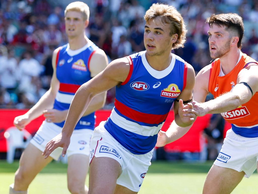 Ryley Sanders of the Bulldogs was subbed out in his debut game by coach Luke Beveridge. Picture: Dylan Burns/AFL Photos via Getty Images.