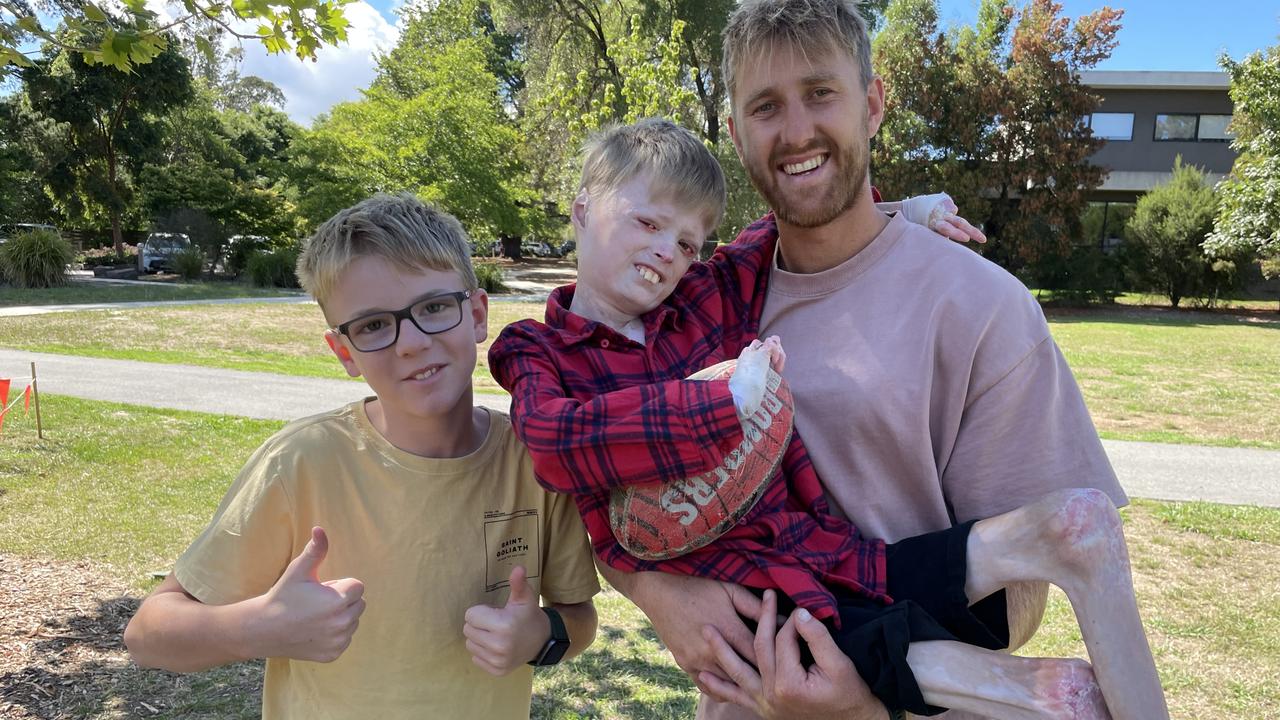 Miller and Harrison with Dyson Heppell at Ringwood’s McAlpin Reserve on February 4, 2022. Picture: Kiel Egging.