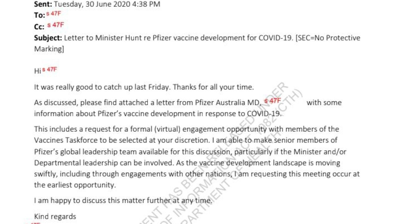 Documents released through Freedom of Information have revealed Pfizer first contacted the Australian government, and that Health Minister Greg Hunt did not meet with the company for two months. Picture: Supplied via NCA NewsWire
