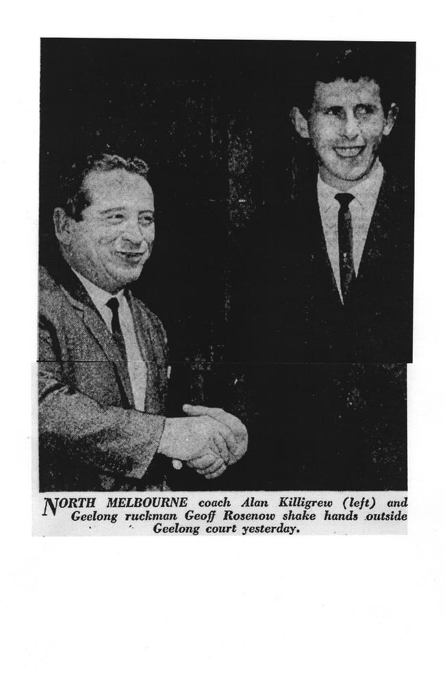 North Melbourne coach Alan Killigrew and Geelong ruckman Geoff Rosenow shake hands outside Geelong Court after having been combatants in the infamous 1964 Kardinia Park 'blue in the race'.