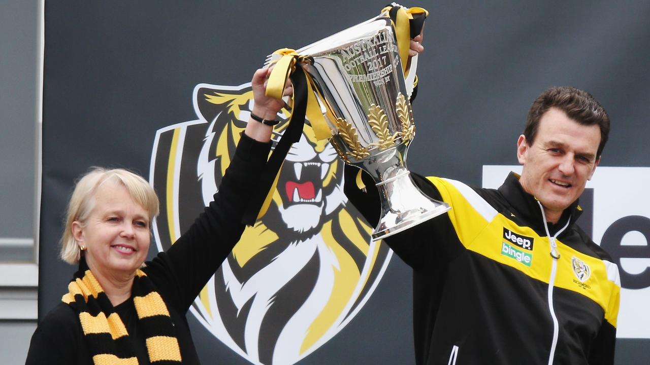Peggy O'Neil and Brendon Gale with the 2017 premiership cup. Picture: Michael Dodge/Getty Images'Neil and Brendon Gale with the 2017 premiership cup. Picture: Michael Dodge/Getty Images