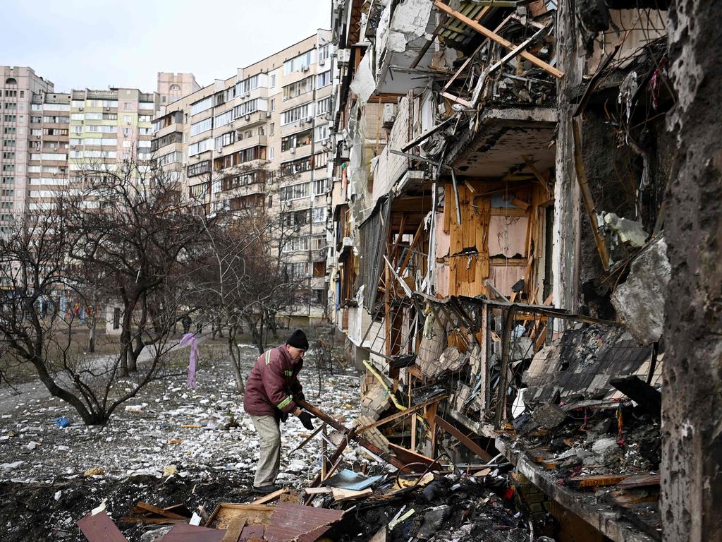A damaged residential building at Koshytsa Street in Kyiv. Picture: Daniel Leal/AFP