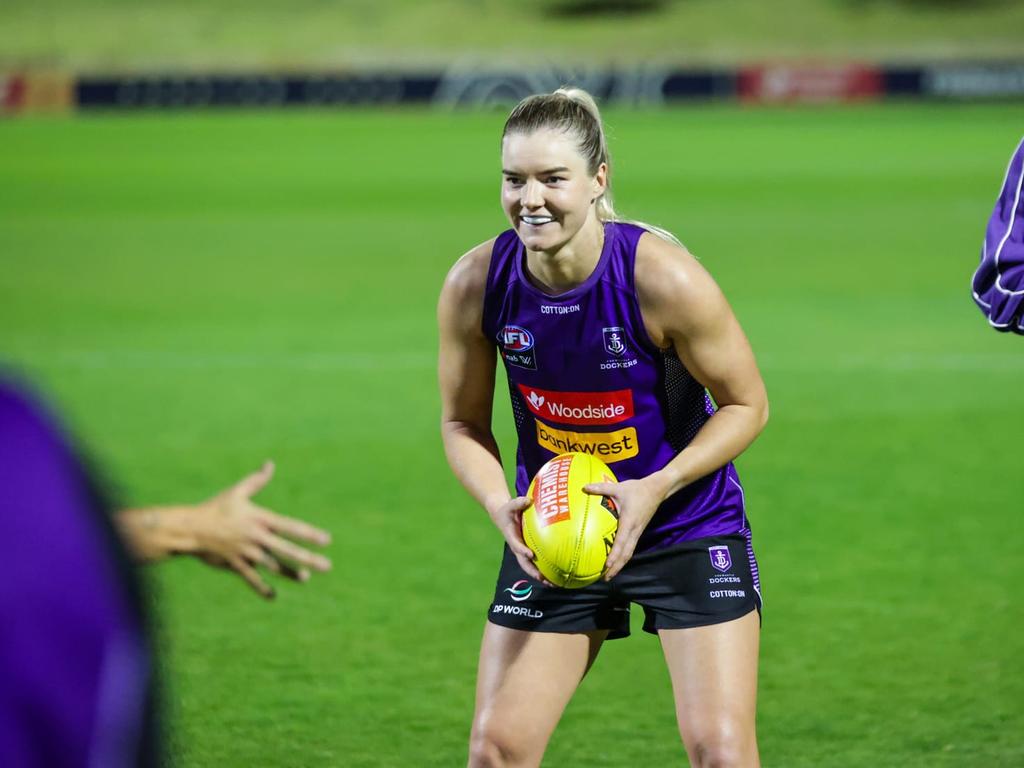 Fremantle captain Hayley Miller completed most of the session despite suffering an off-season calf injury. Pic: Tom Fee/Fremantle FC