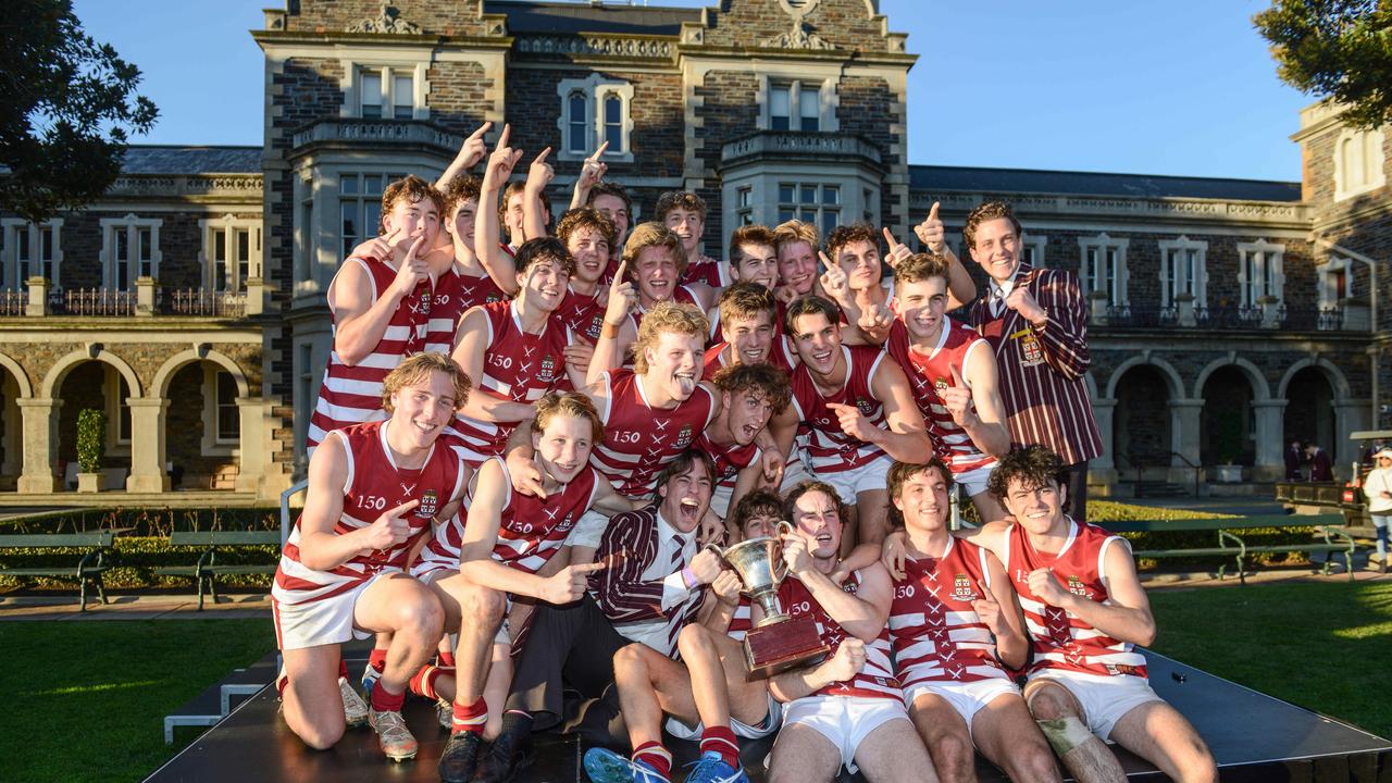 McAuliffe (back, left) celebrates his massive Intercol win over St Peter’s with his PAC teammates. Picture: Brenton Edwards