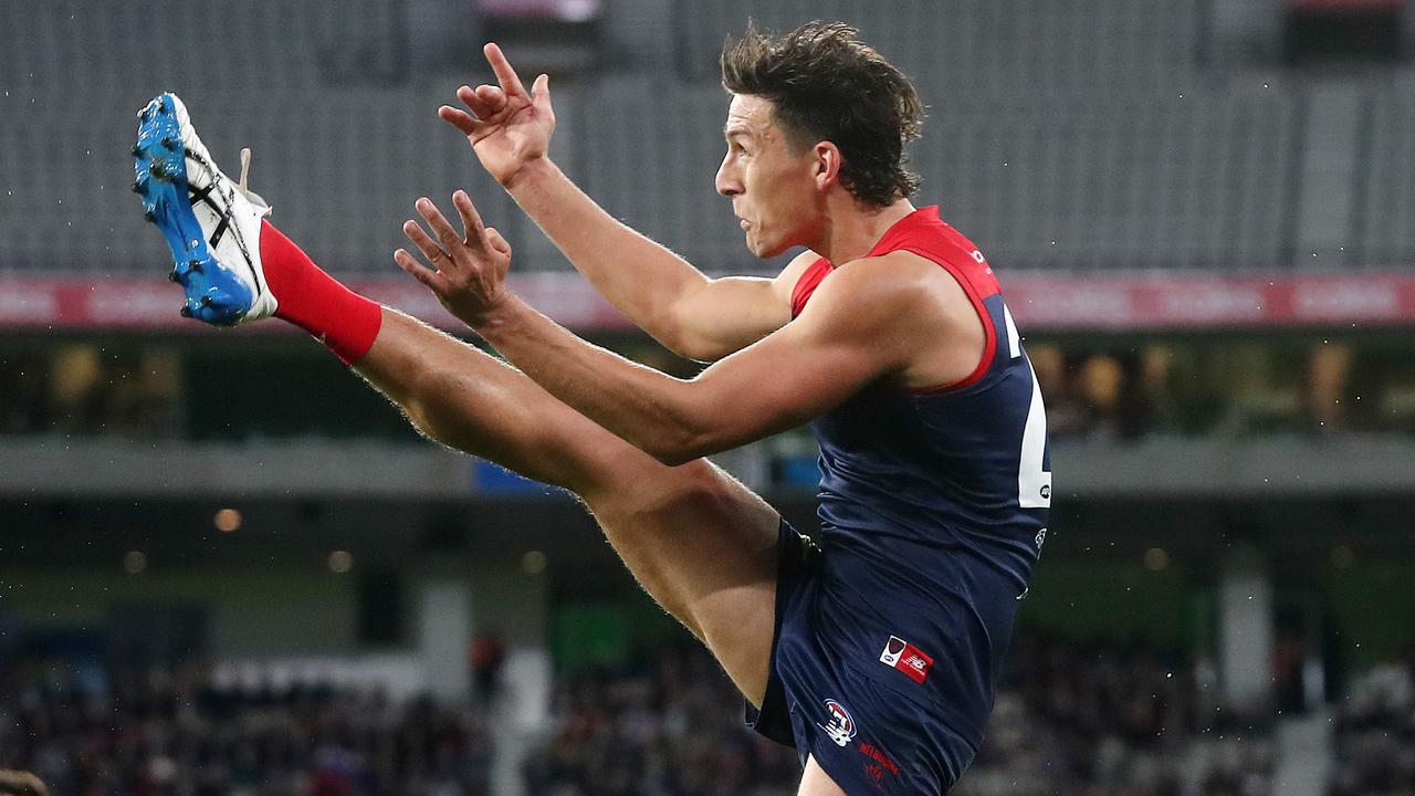 Sam Weideman kicks a goal for the Demons in their win against Carlton at the MCG this year. Picture: Michael Klein