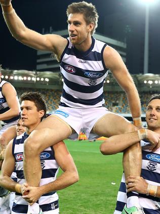 Tom Lonergan is chaired from the field after playing his 200th game. Picture: Getty Images