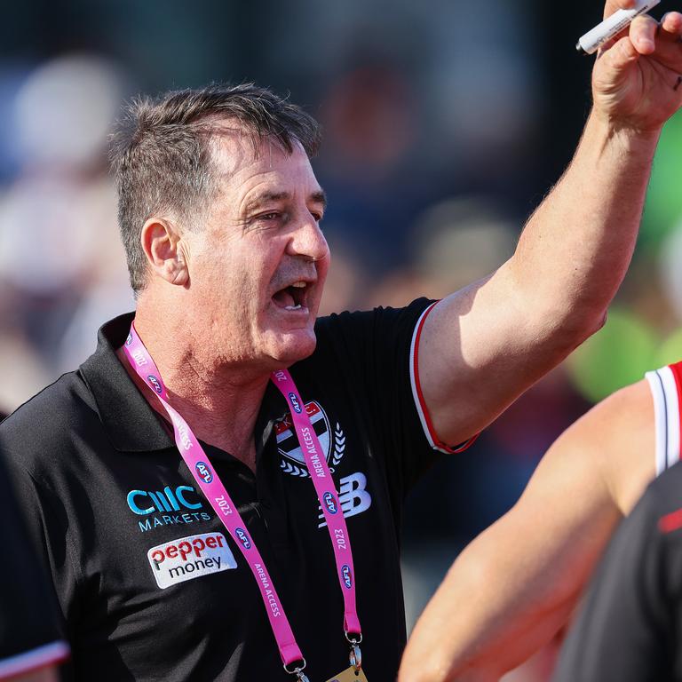 Ross Lyon fires up at three-quarter-time. Picture: Michael Klein