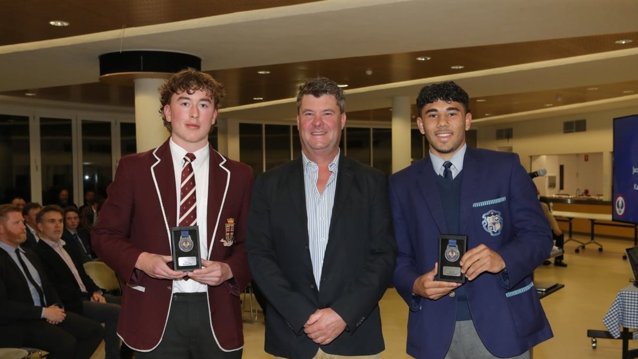 PAC‘s Kane McAuliffe and Sacred Heart’s Jacob Lochowiak, accompanied by Jack Gosse, hold their James Gosse Medals after winning the College First XVIII Best and Fairest. Picture: Supplied