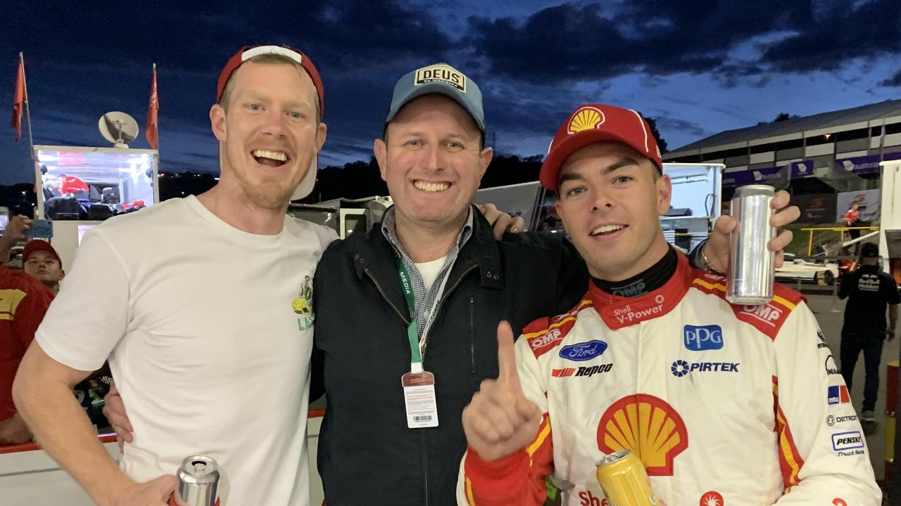 Jack Riewoldt, AFL360 producer Tim Hodges and driver Scott McLaughlin