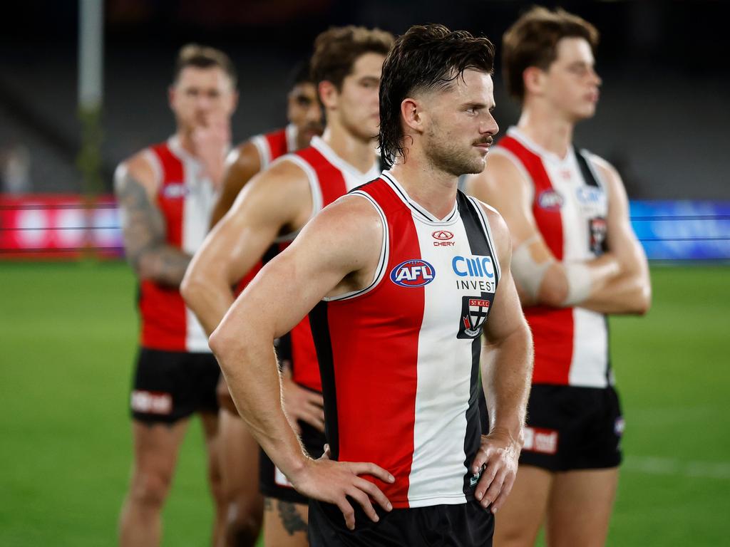 [PLAYERCARD]Jack Sinclair[/PLAYERCARD] looks dejected after his side’s capitulation to the Dogs on Thursday night. Picture: Michael Willson/AFL Photos via Getty Images.