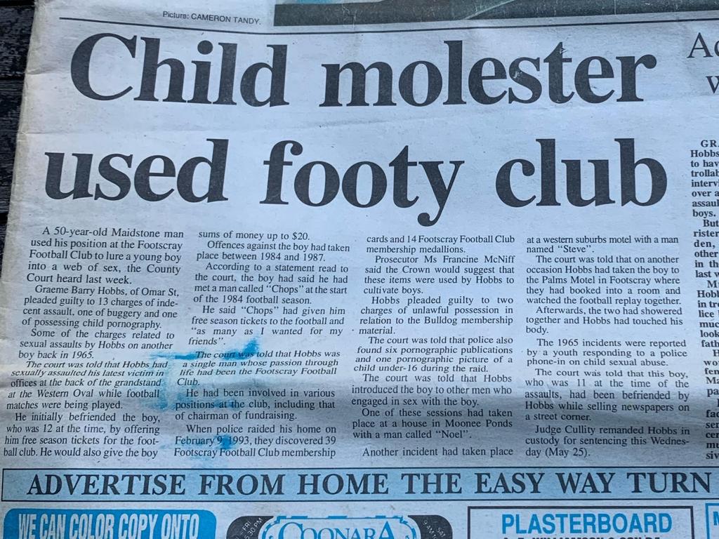 A newspaper report from 1994 detailing allegations against Graeme Hobbs, who worked at the Western Bulldogs.