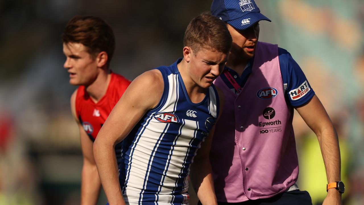 Kangaroos rookie Tom Powell after Sunday’s incident with Fritsch. Picture: Robert Cianflone/Getty Images