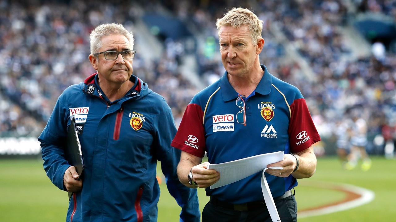Noble as footy boss at the Lions with senior coach Chris Fagan. Picture: Adam Trafford/AFL Media/Getty Images