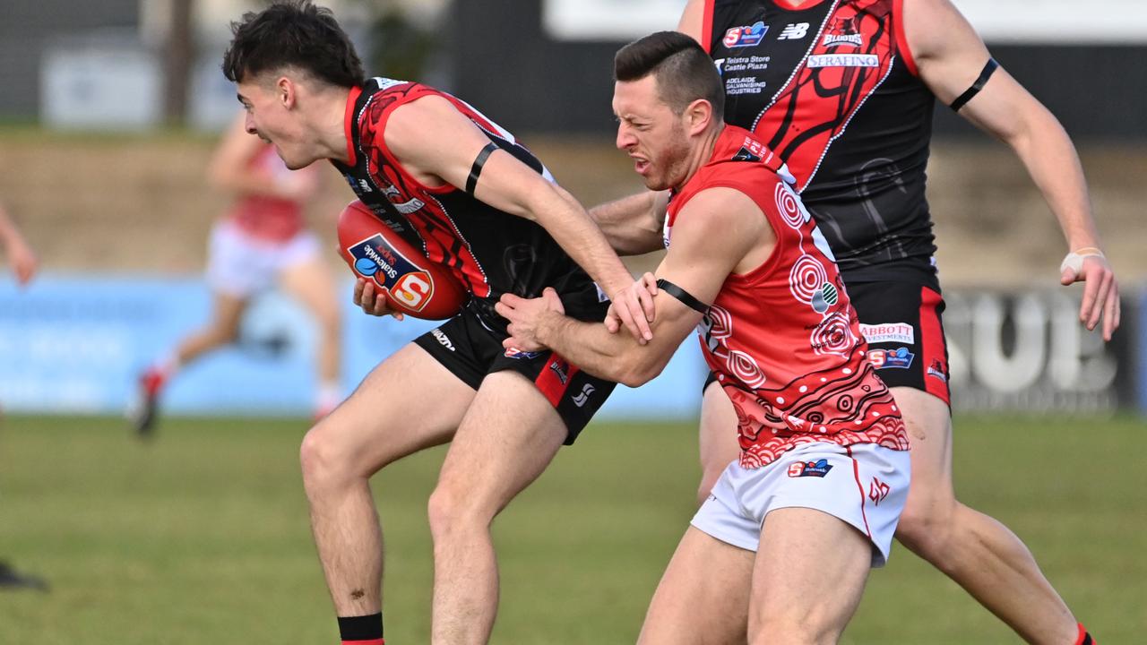 Bailey Chamberlain (left) in action for West Adelaide against North Adelaide. Picture: Keryn Stevens