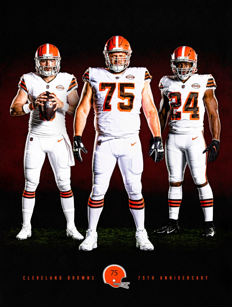 Baker Mayfield, Joel Bitoio and Nick Chubb model the team's commemorative 75th anniversary uniforms