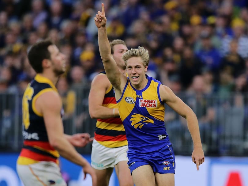 PERTH, AUSTRALIA - AUGUST 11: Oscar Allen of the Eagles celebrates after scoring a goal during the 2019 AFL round 21 match between the West Coast Eagles and the Adelaide Crows at Optus Stadium on August 11, 2019 in Perth, Australia. (Photo by Will Russell/AFL Photos)