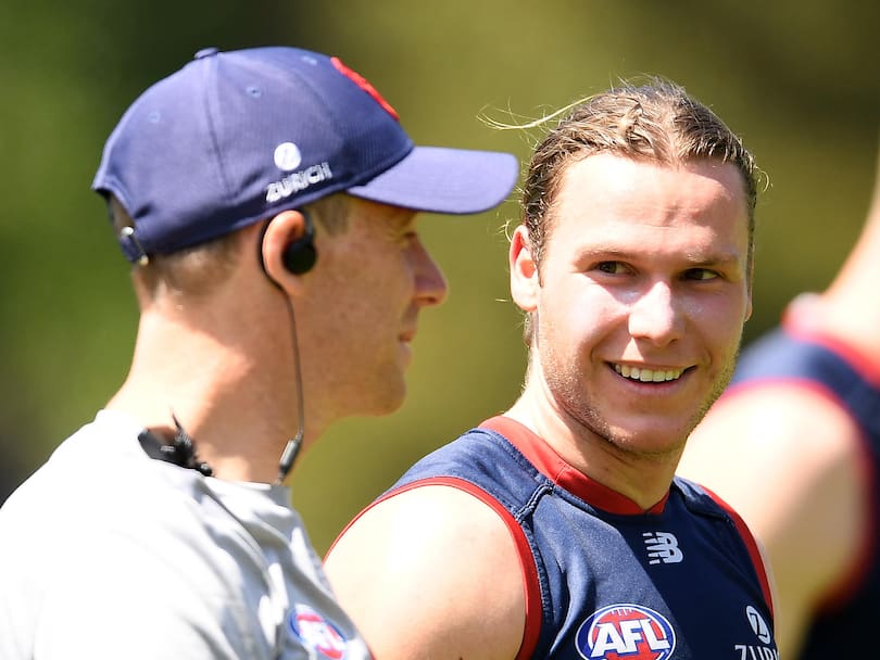 Former Docker Ed Langdon with new coach Simon Goodwin at Monday’s Melbourne Demons training session.