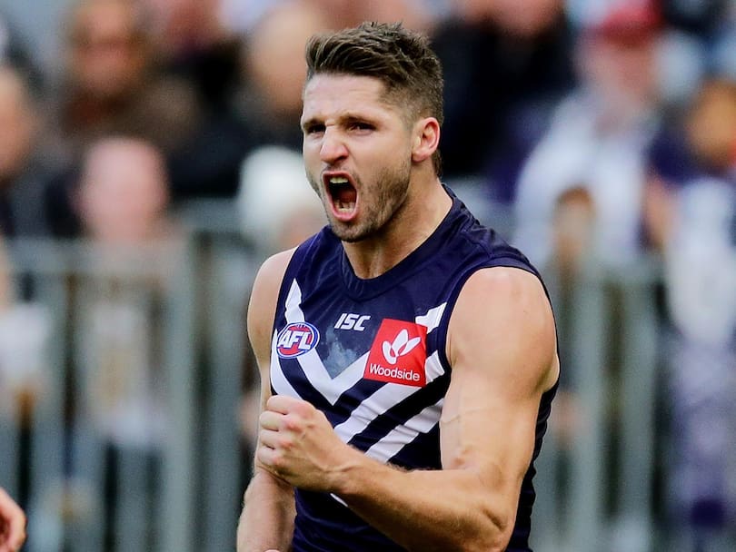 Jesse Hogan of the Dockers celebrates after scoring a goal during the round 13 AFL match between the Fremantle Dockers and the Port Adelaide.