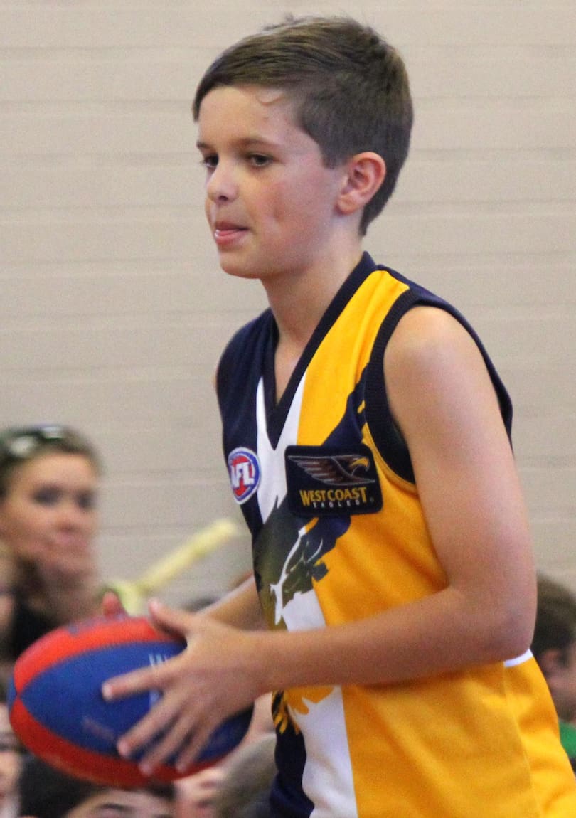 Eagles draftee Ben Johnson at school in 2012 in his Eagles jumper after telling the crowd he was going to play for West Coast.