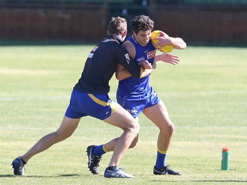 Sport. West Coast Eagles training. Tom Barrass getting back into training after his injury.