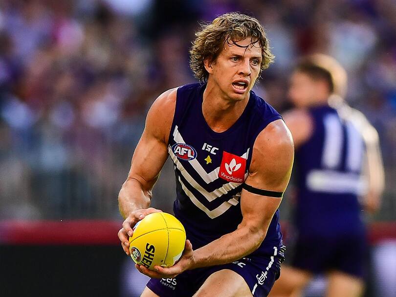 Nat Fyfe of the Dockers in action during the 2019 AFL round 03 match between the Fremantle Dockers and the St Kilda Saints.