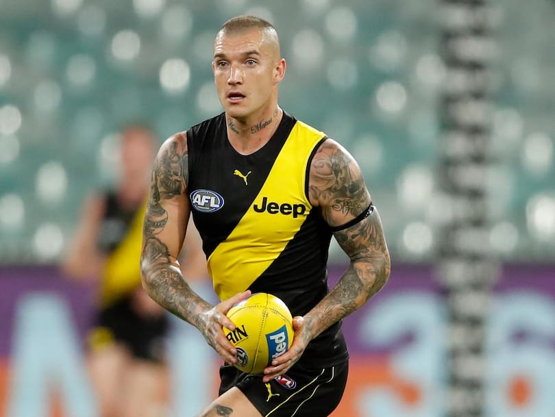 Dustin Martin of the Tigers in action during the 2020 AFL Round 01 match between the Richmond Tigers and the Carlton Blues.